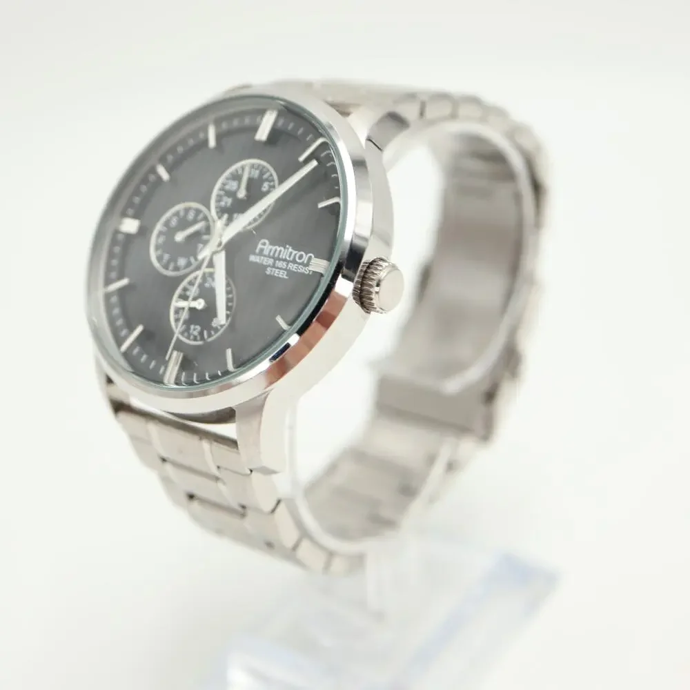 Armitron Silver Tone Mens 43mm Calendar Watch 24-hour Day Date w New Battery